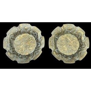 Pair Vintage Detailed Asian Dragons Scene Metal Ashtray Tiawan